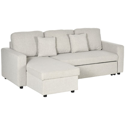 HOMCOM Ecksofa mit Bettfunktion, Eckcouch inklusive 2er-Sitz Sofa, Einzelbett, L-Form Schlafsofa mit Stauraum, 2 Kissen im Leinenoptik für Wohnzimmer Cremeweiß   Aosom