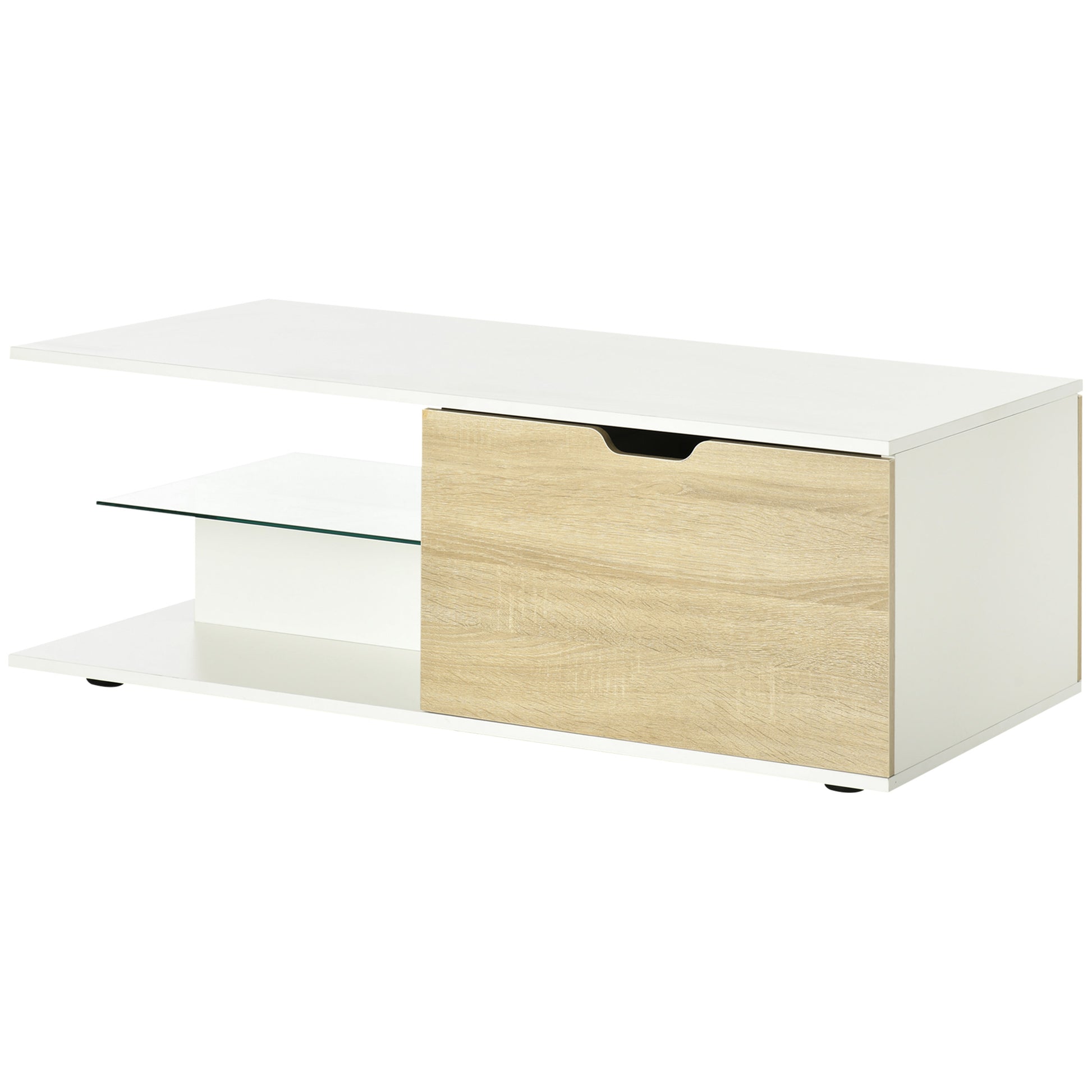 HOMCOM Couchtisch rechteckig zeitgenössisches Design 2 Schubladen 2 Fächer gehärtetes Glas Regal Spanplatten weiß Eiche-Holzoptik 106 x 58 x 39 cm weiß   Aosom