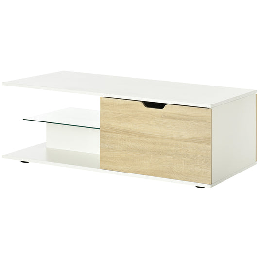 HOMCOM Couchtisch rechteckig zeitgenössisches Design 2 Schubladen 2 Fächer gehärtetes Glas Regal Spanplatten weiß Eiche-Holzoptik 106 x 58 x 39 cm weiß   Aosom
