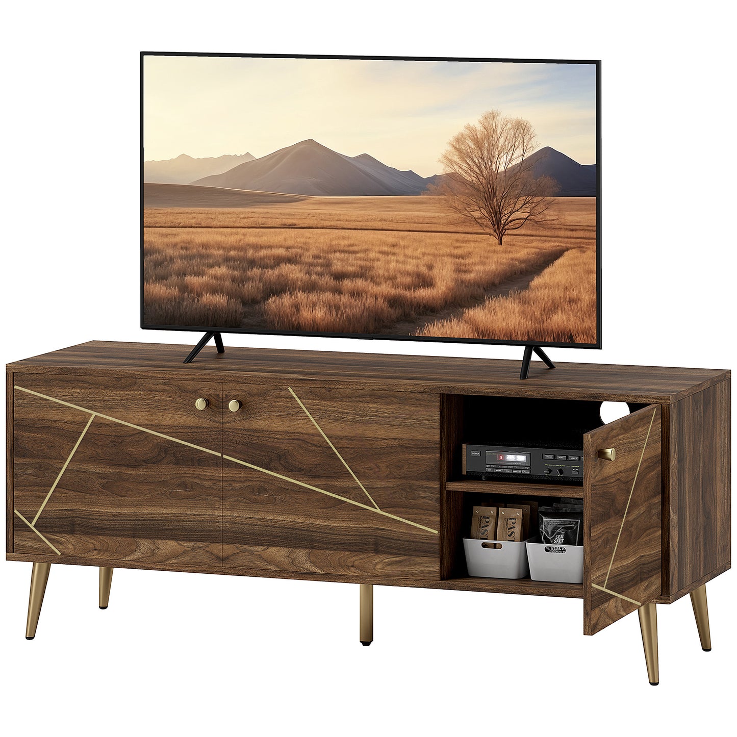 HOMCOM TV-Schrank TV-Möbel für Fernseher bis zu 60 Zoll mit Schränken verstellbaren Regalen Stahlfüßen für Wohnzimmer Schlafzimmer, 130 x 40 x 52 cm braun   Aosom