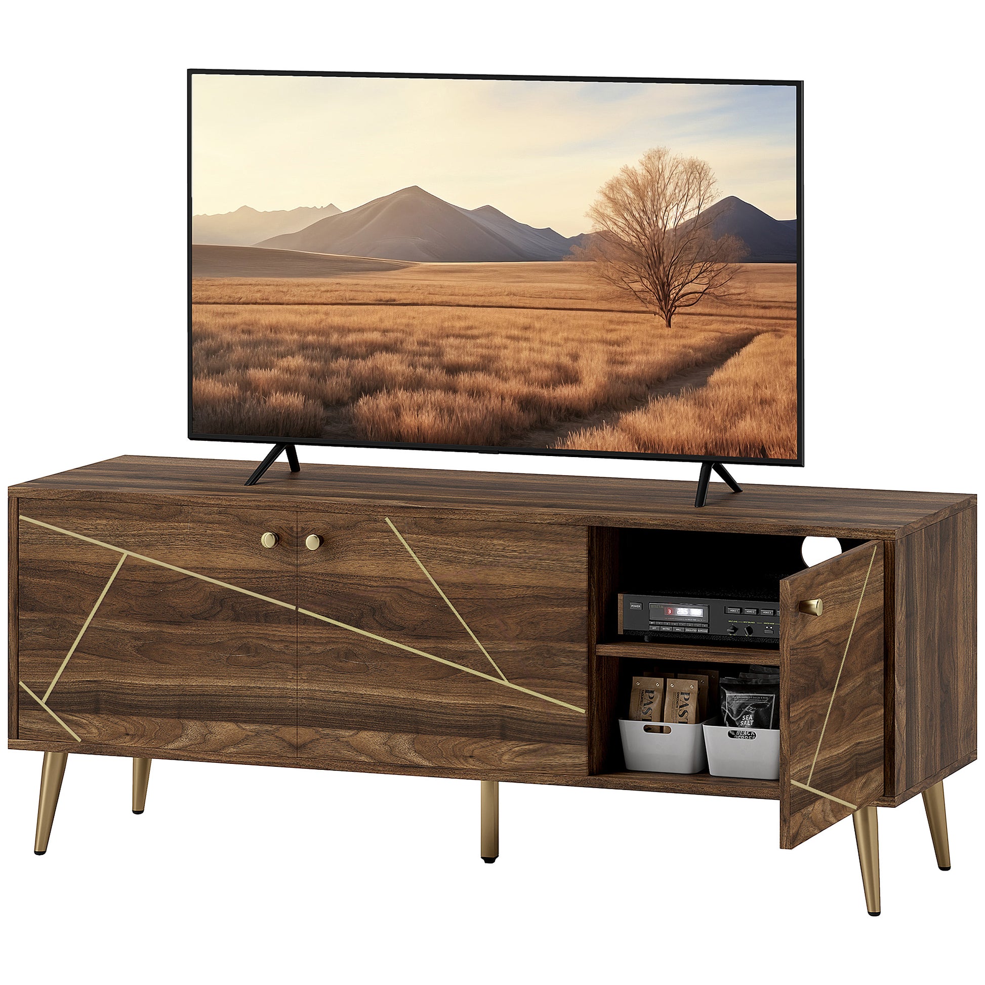 HOMCOM TV-Schrank TV-Möbel für Fernseher bis zu 60 Zoll mit Schränken verstellbaren Regalen Stahlfüßen für Wohnzimmer Schlafzimmer, 130 x 40 x 52 cm braun   Aosom