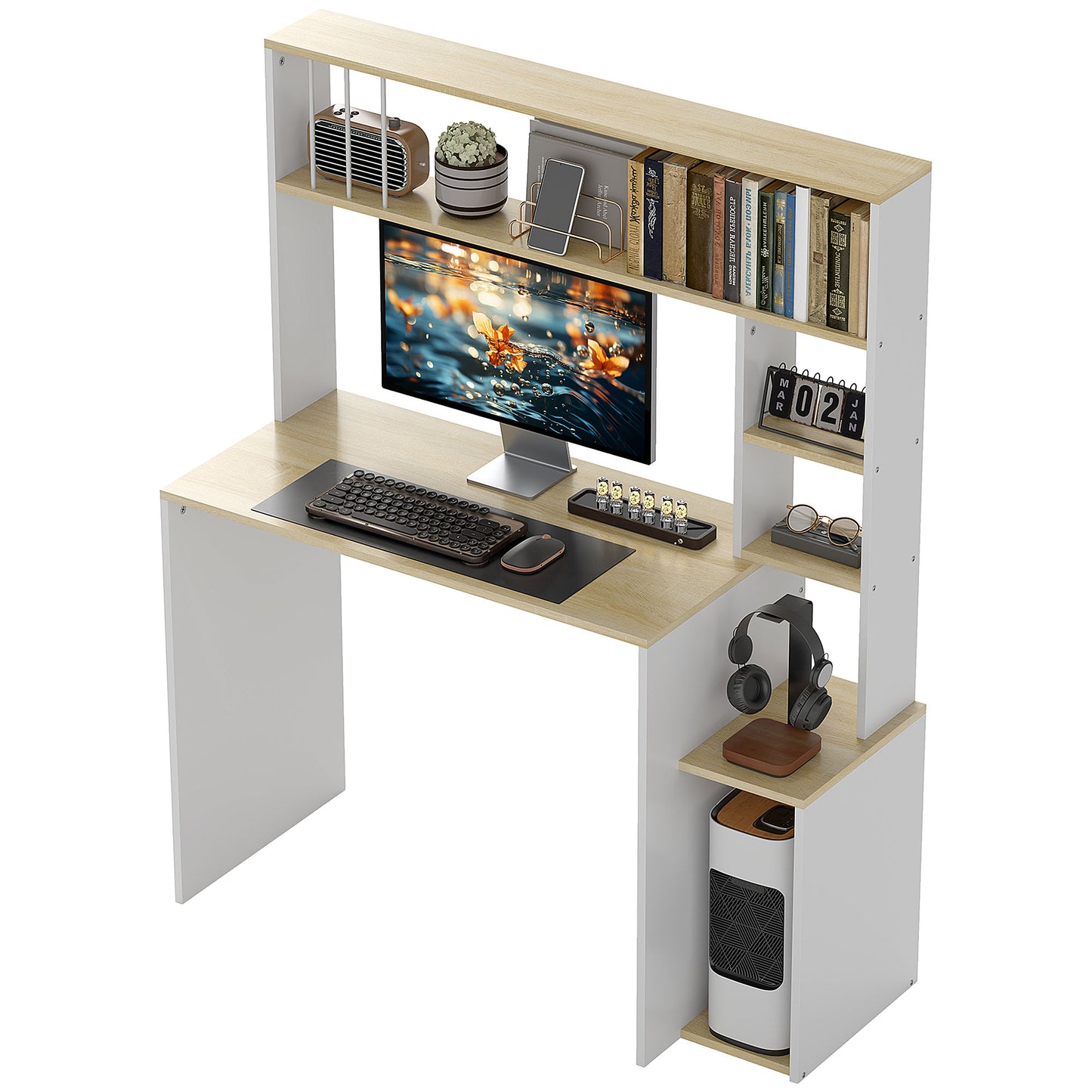 HOMCOM Schreibtisch Computertisch mit Stauraum 113 x 45 x 138,5 cm - Regale, Fächer und CPU-Halterung, Eiche und Weiß   Aosom