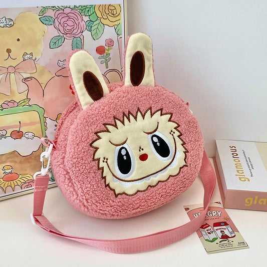 2025 Neue Beliebte Bubble Mart Schräge Umhängetasche Große Kapazität Weiche Haptik Kurzer Plüsch Kinder Schultertaschen Hässlich Niedlich Cartoon Kinder Aufbewahrung Crossbody Tasche rosa