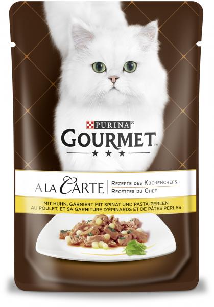 Purina Gourmet a la Carte mit Huhn garniert mit Spinat und Pasta-Perlen