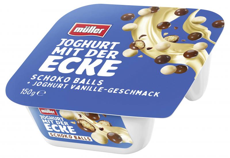 Müller Joghurt mit der Ecke Schoko Balls & Joghurt Vanille-Geschmack