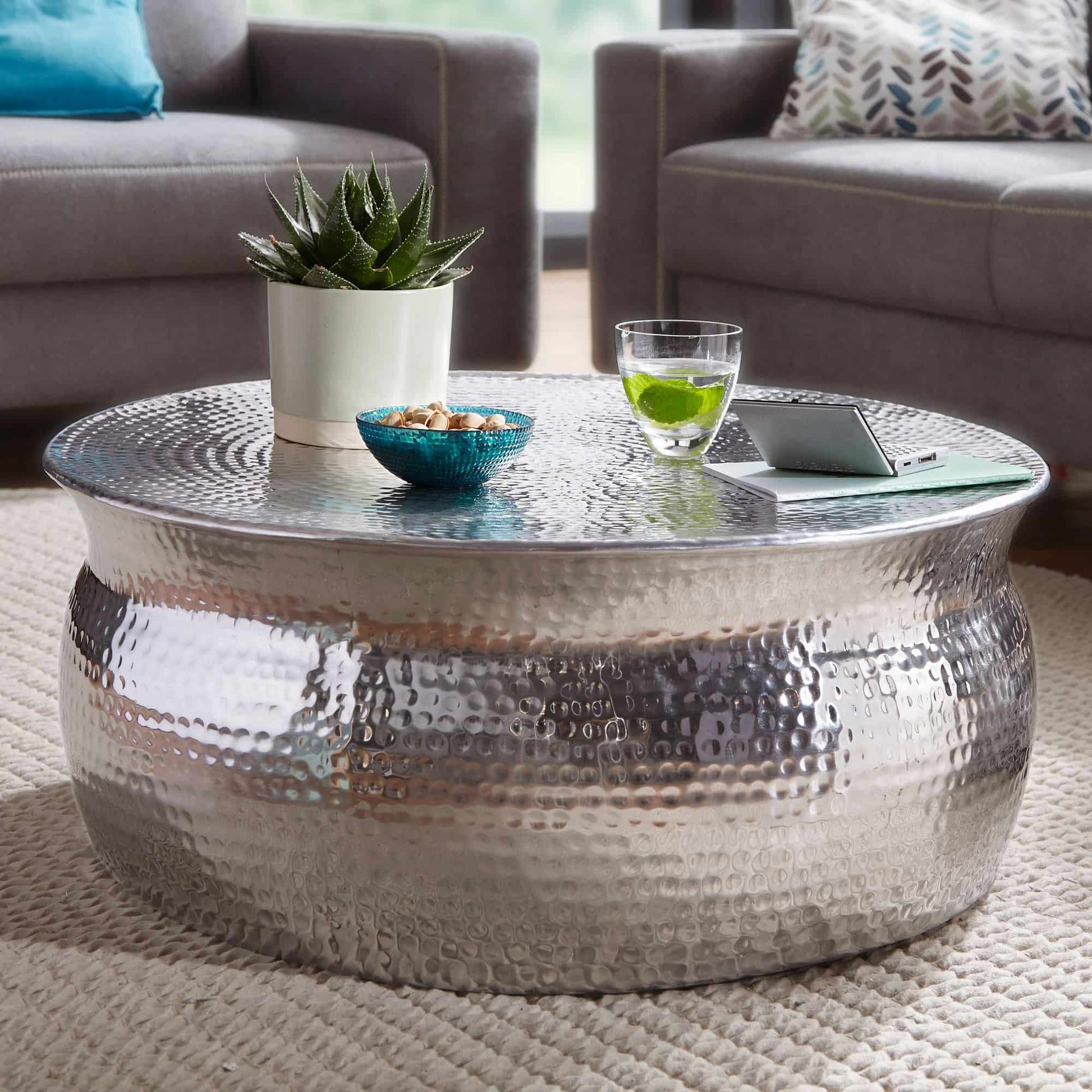 Couchtisch 75x31x75cm Aluminium Silber Beistelltisch orientalisch rund