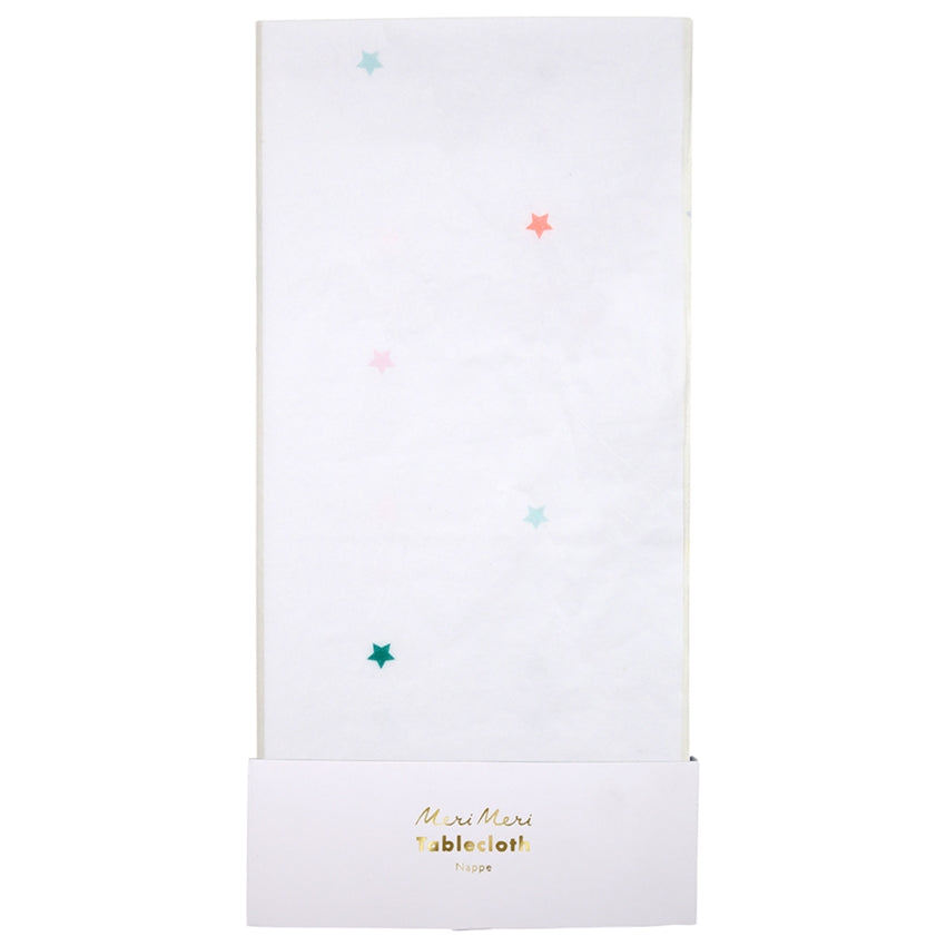 Papiertischdecke weiß mit bunten Sternen
