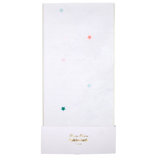 Papiertischdecke weiß mit bunten Sternen