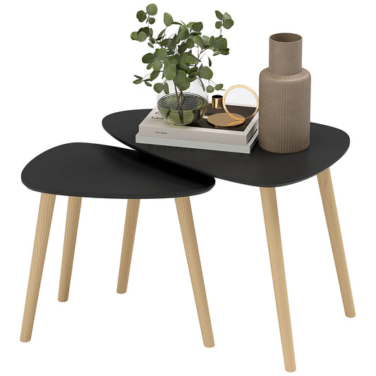 HOMCOM Set mit 2 skandinavischen Couchtischen, Beine aus Holz und Plateau aus Holz, Schwarz   Aosom