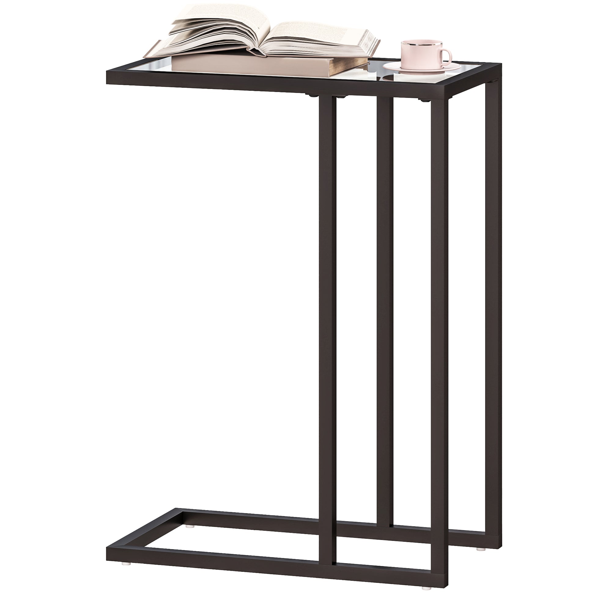 HOMCOM Beistelltisch, C-förmiger Sofatisch mit gehärteter Glasplatte, Stahlrahmen, Couchtisch für Wohnzimmer, Schlafzimmer, 46 x 25 x 63,5 cm, Schwarz   Aosom