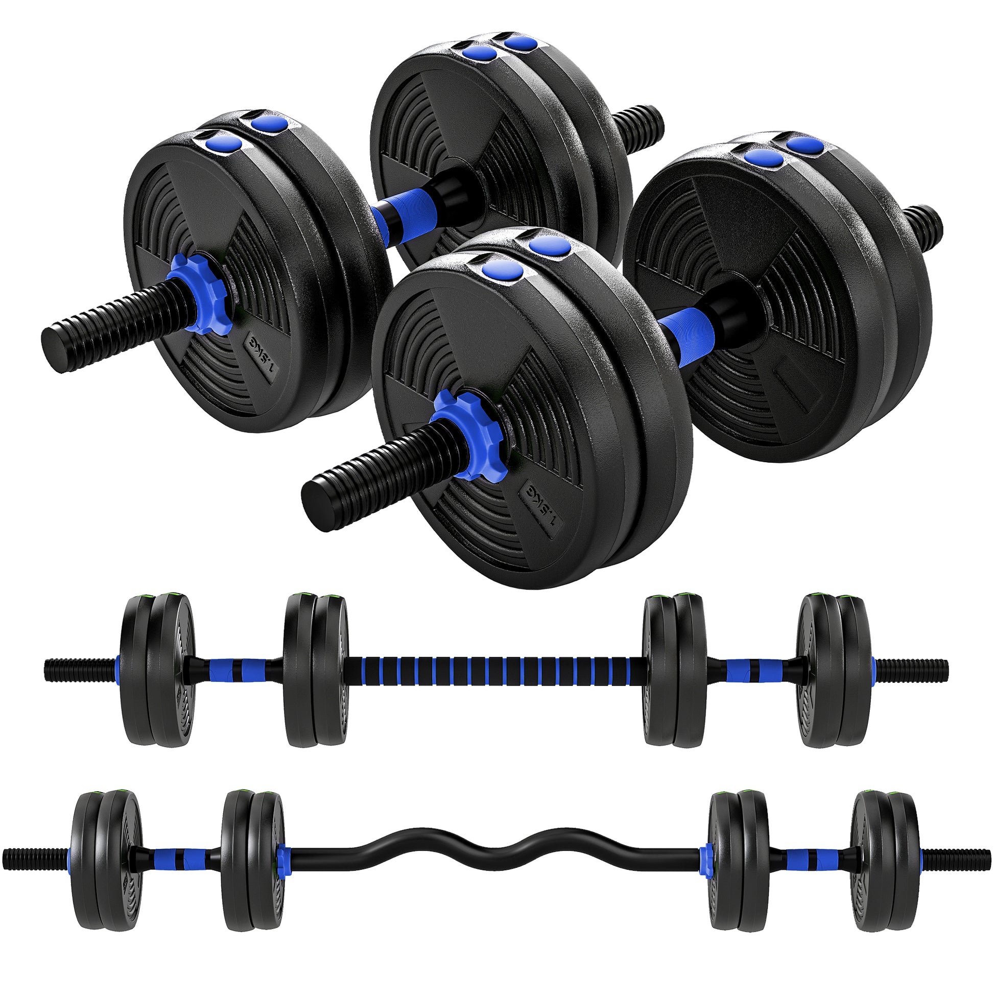 SPORTNOW Hantelset Hanteln verstellbar 15 kg 3 in 1, verstellbares Gewicht Set mit Verlängerungsstange, rutschfester Griff, Kunststoffummantelung, Fitness, Bodybuilding, blau und schwarz   Aosom