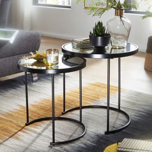 Design Beistelltisch Rund Ø 50/42 cm - 2 teilig Schwarz mit Spiegel Glas