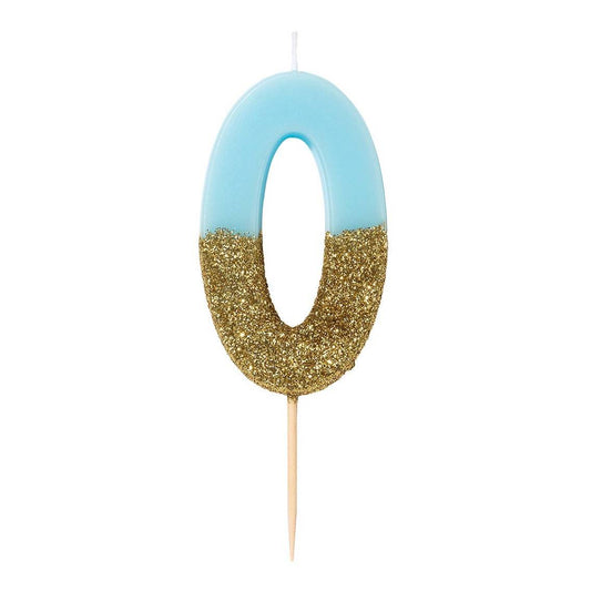 Zahlenkerze hellblau/gold 0
