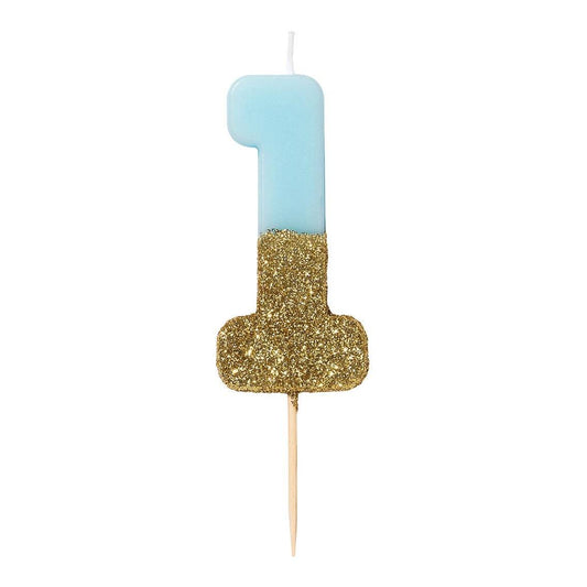 Zahlenkerze hellblau/gold 1