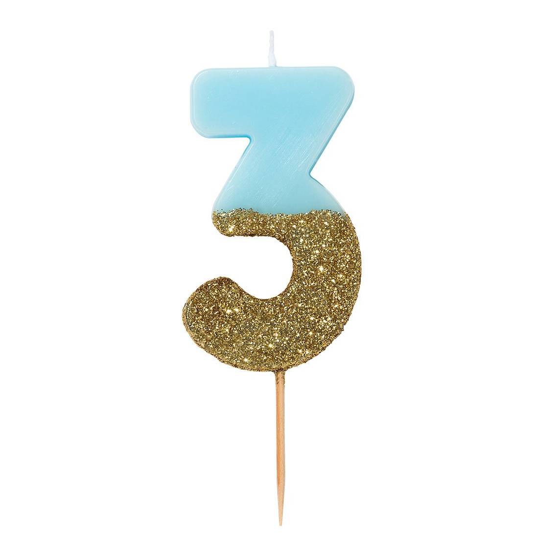 Zahlenkerze hellblau/gold 3