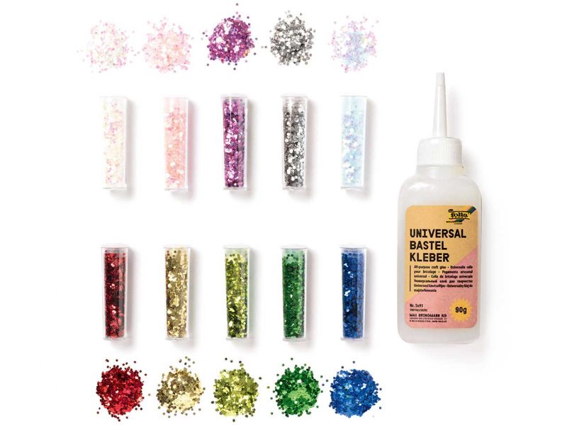 Folia BIO Glitter-Set »Flocken«, 10 Dosen, sortiert, inkl. Deko-Kleber, 90 g