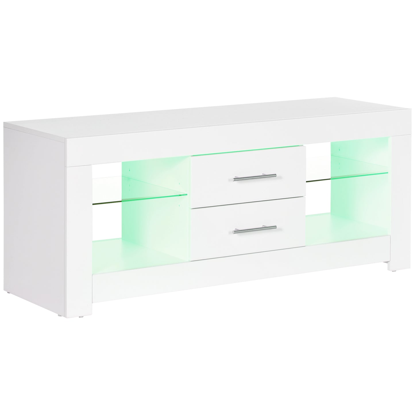 HOMCOM TV-Schrank 55" mit LED-Lichtern in 12 Farben und Fernbedienung, Wohnzimmertisch aus Holz mit Glasregalen 120x40x50cm, Weiß   Aosom