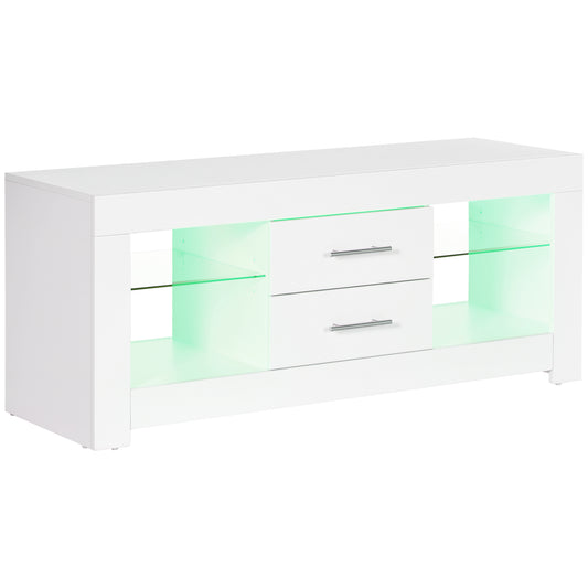 HOMCOM TV-Schrank 55" mit LED-Lichtern in 12 Farben und Fernbedienung, Wohnzimmertisch aus Holz mit Glasregalen 120x40x50cm, Weiß   Aosom