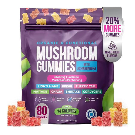 Vegan Mushroom Gummies, Lions Mane Ashwagandha Shiit Blend For Focus & Immunity
