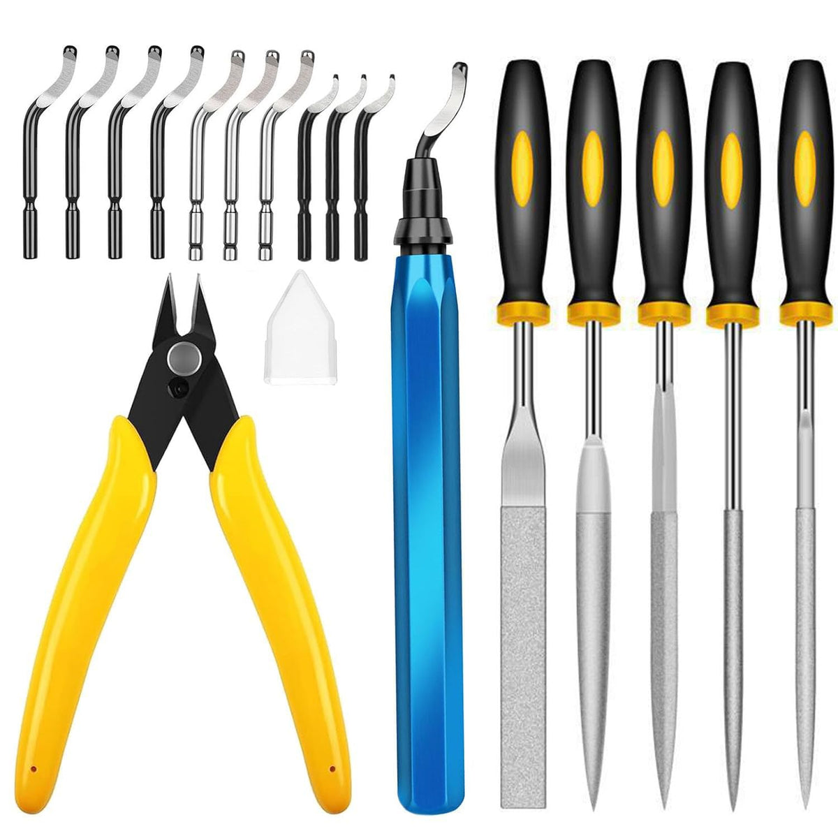 3D-Druck-Entgratifert-Satz Entgrater Werkzeug mit 11 Unterschiedlichen Klingen 5-Feilen-Set und Seitenschneider Metal Handle Hand Deburring Tools files