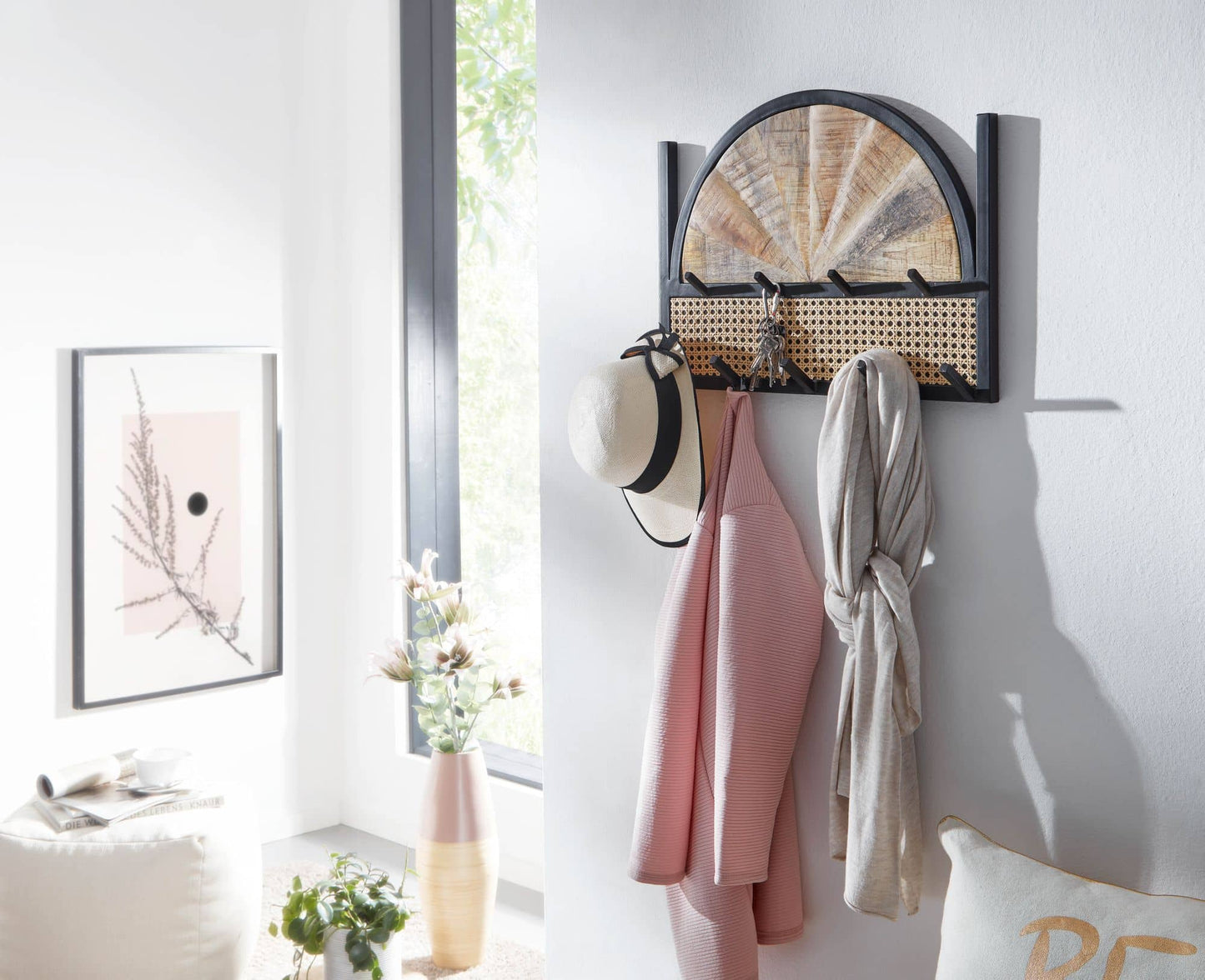 Wandgarderobe Mango Massivholz / Rattan 53x40x7,5 cm Design Flurgarderobe