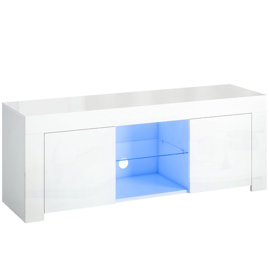 HOMCOM TV Schrank TV Board mit 2 Türen, RGB LED Leuchte, Hochglanz TV Lowboard für Fernseher bis zu 55 Zoll mit Glasregal, Kabelmanagement Fernsehtisch für Wohnzimmer Weiß 120x34x45cm   Aosom