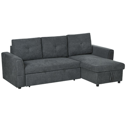 HOMCOM Schlafsofa Ecksofa mit Bettfunktion, 3 Sitzer Couch mit Stauraum, Chaiselongue, Leinenoptik Polstersofa für Wohnzimmer, Dunkelgrau   Aosom