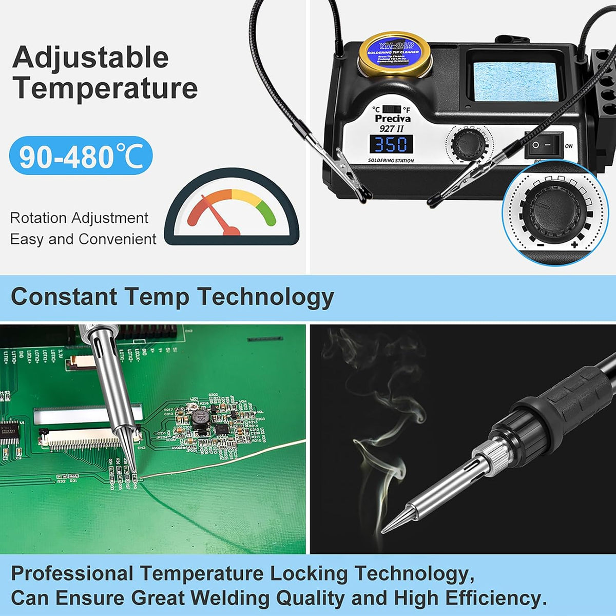 Lötstation, Preciva 60W Lötkolben mit 2 helfenden Hände Displayanzeige, Temperatur einstellbar 90~480°C, Standby-Modus Lötset für Hobbylöten