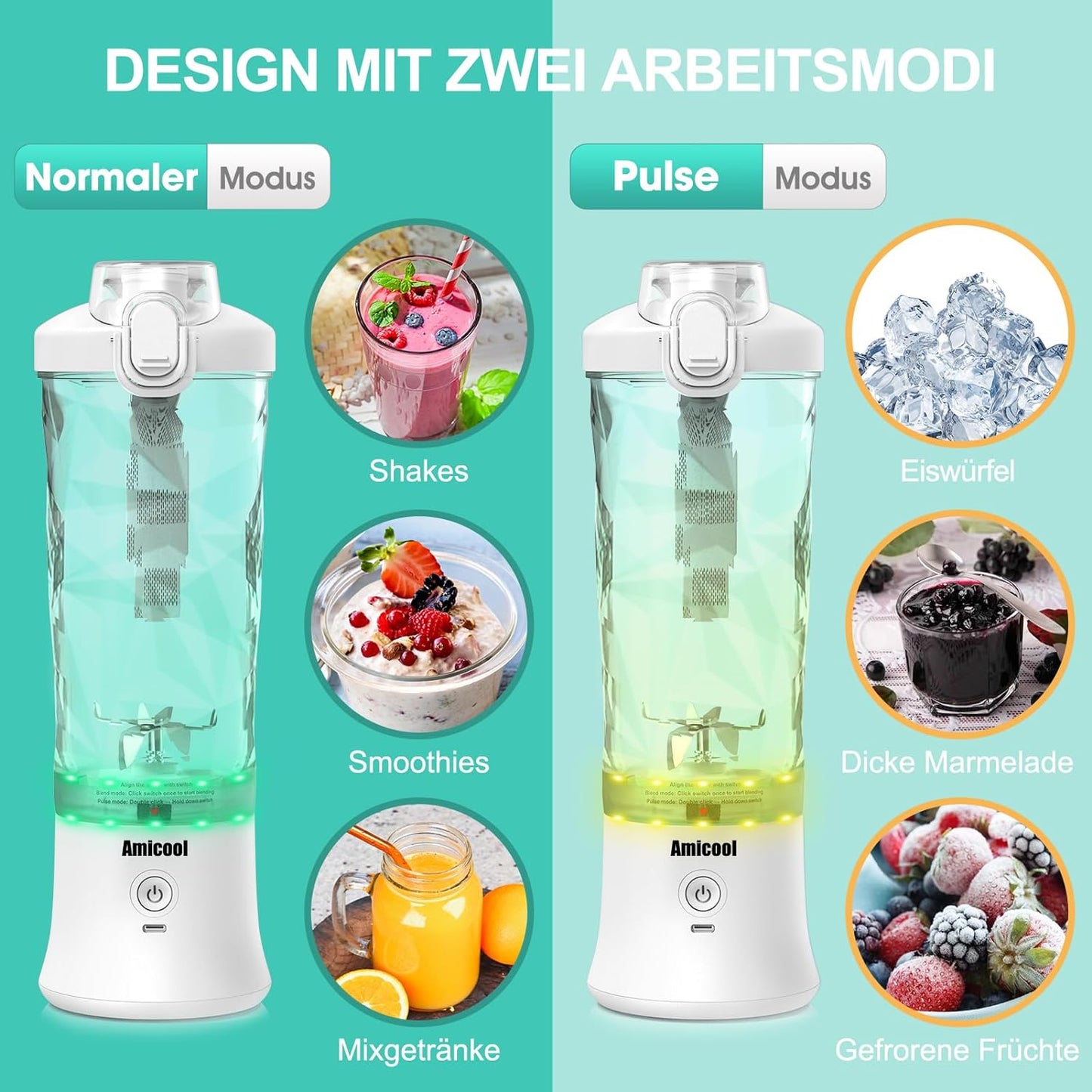 Mixer Smoothie Maker To Go, Mini Standmixer Tragbar mit 6-Klingen Edelstahl, Enstafter mit Reisedeckel, USB Portable Blender Elektrisch 600ml Bottle, Mixer Shaker Slushy Maker Wasserdichter