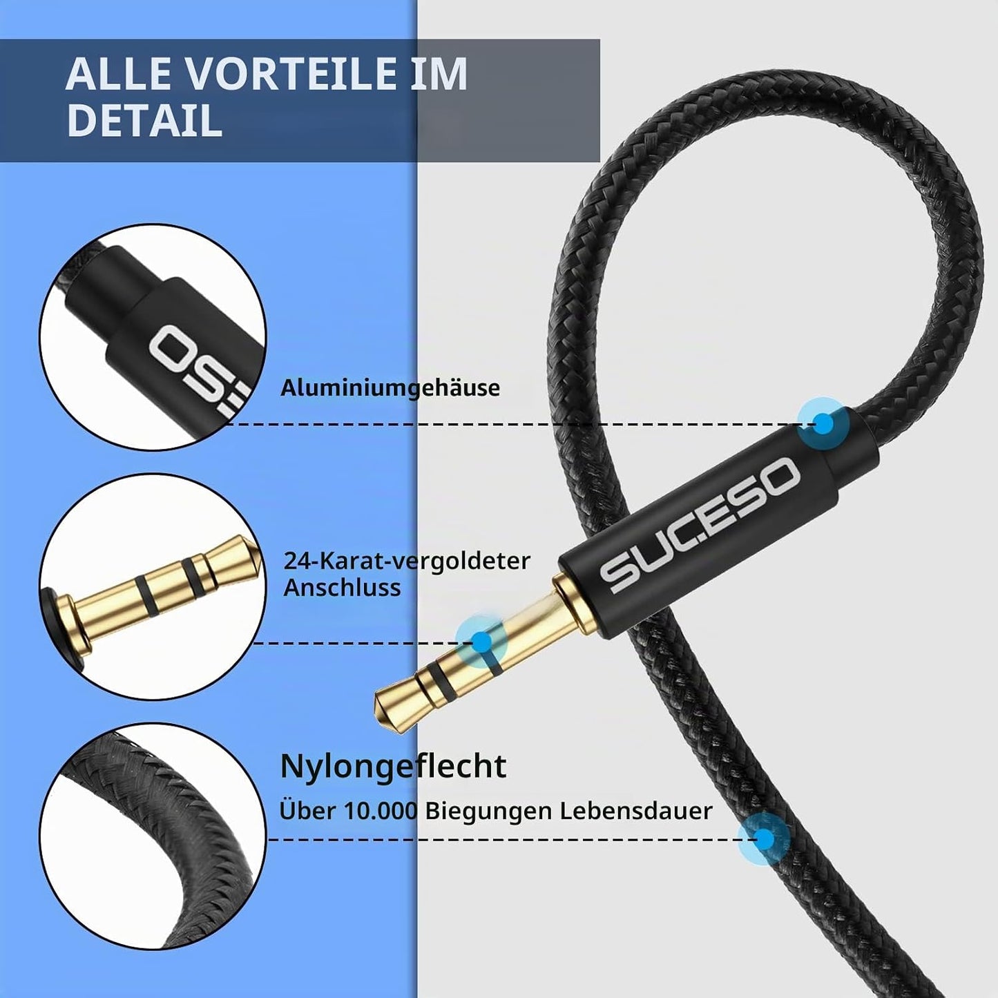 Klinke Audio Verlängerungskabel Aux Kabel Nylon 3.5mm Stereo
