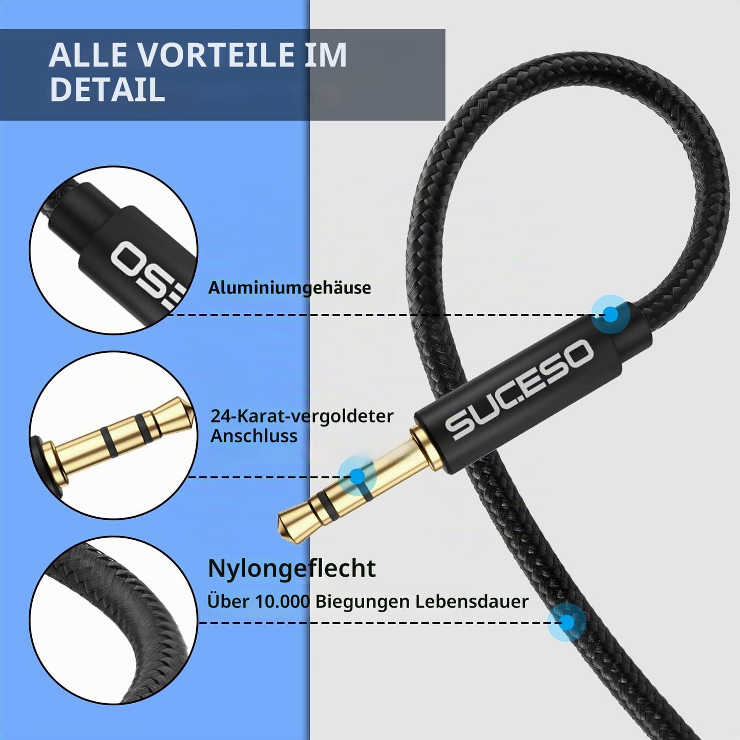 Klinke Audio Verlängerungskabel Aux Kabel Nylon 3.5mm Stereo