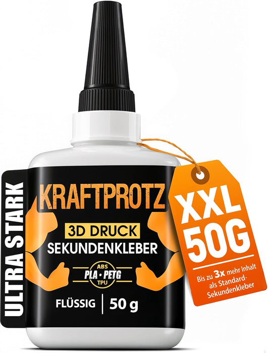Sekundenkleber 3D Druck flüssig 50 g - Filament Kleber PLA ABS PETG TPU ASA | Allround, präzise dosierbar, transparent, wasserfest, hitzebeständig, Anti-Austrocknungsspitze, Modellbau, Drucker Zubehör