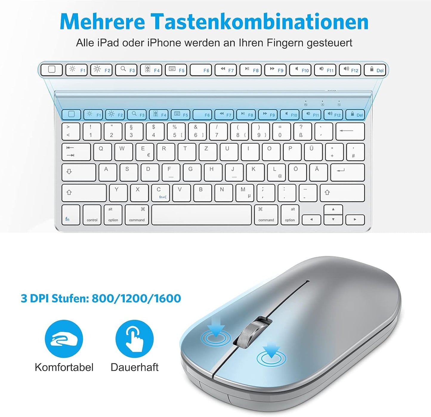 OMOTON Bluetooth - Tastatur, Maus & Ständer Set für alle iPads & Tablets