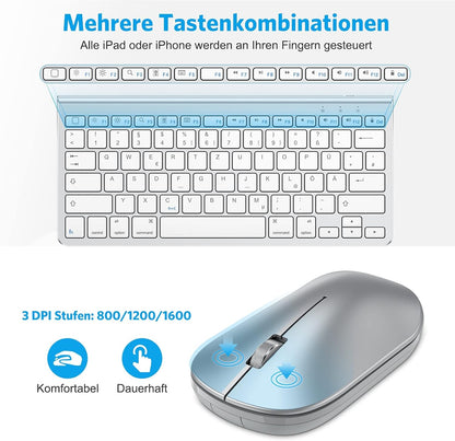 OMOTON Bluetooth - Tastatur, Maus & Ständer Set für alle iPads & Tablets