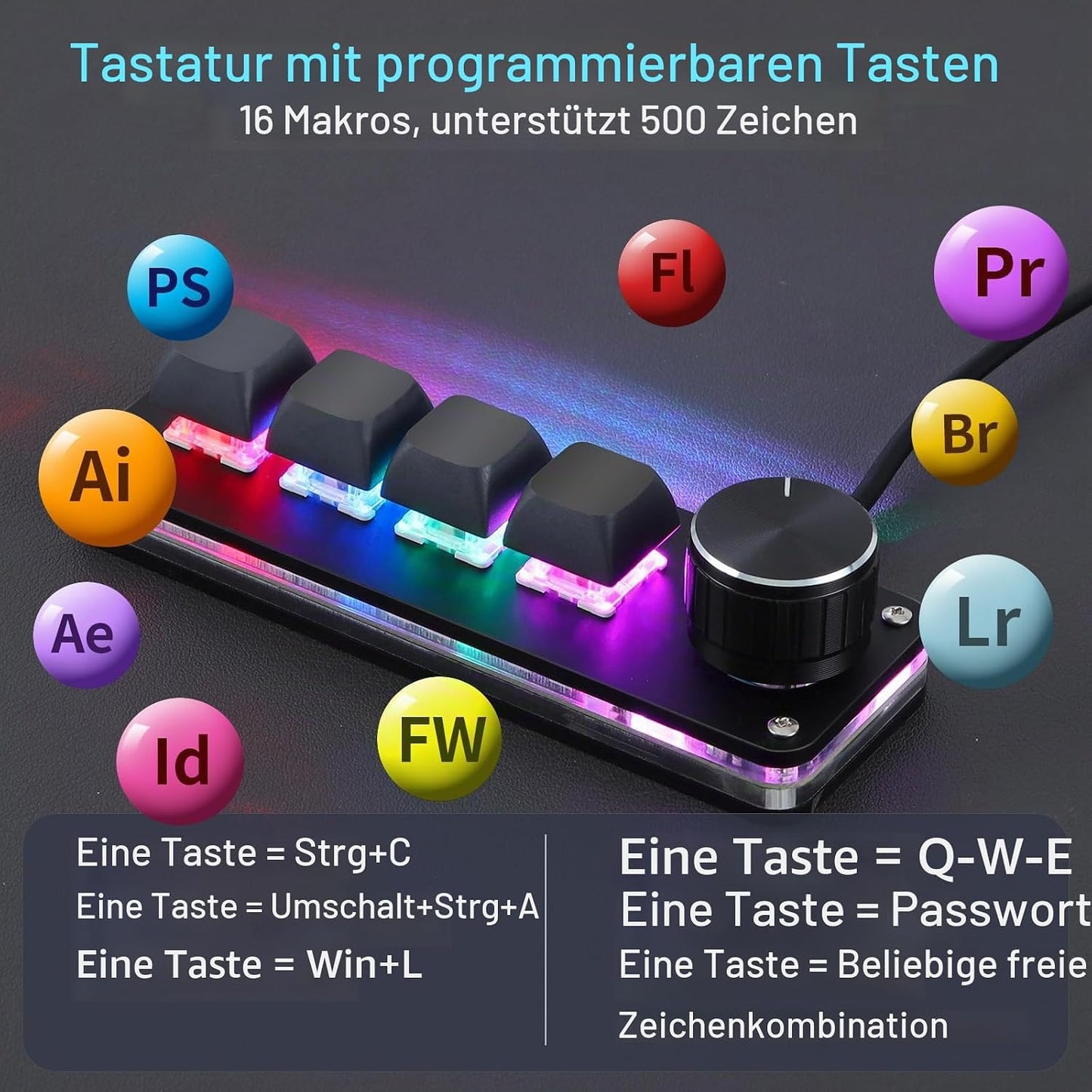 Koolertron 4 Tasten Programmierbare Tastatur Tragbar Mini mit Drehknopf