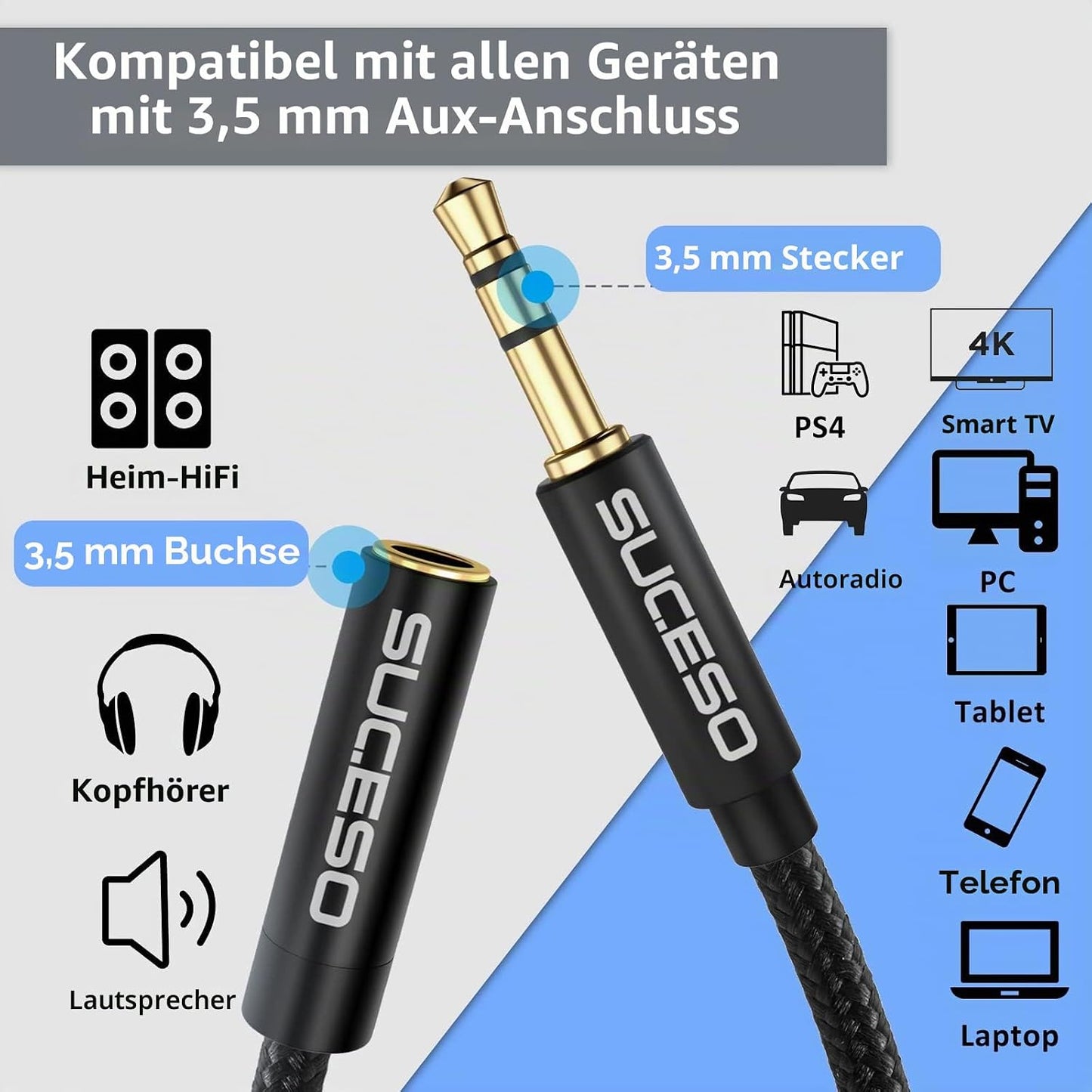 Klinke Audio Verlängerungskabel Aux Kabel Nylon 3.5mm Stereo