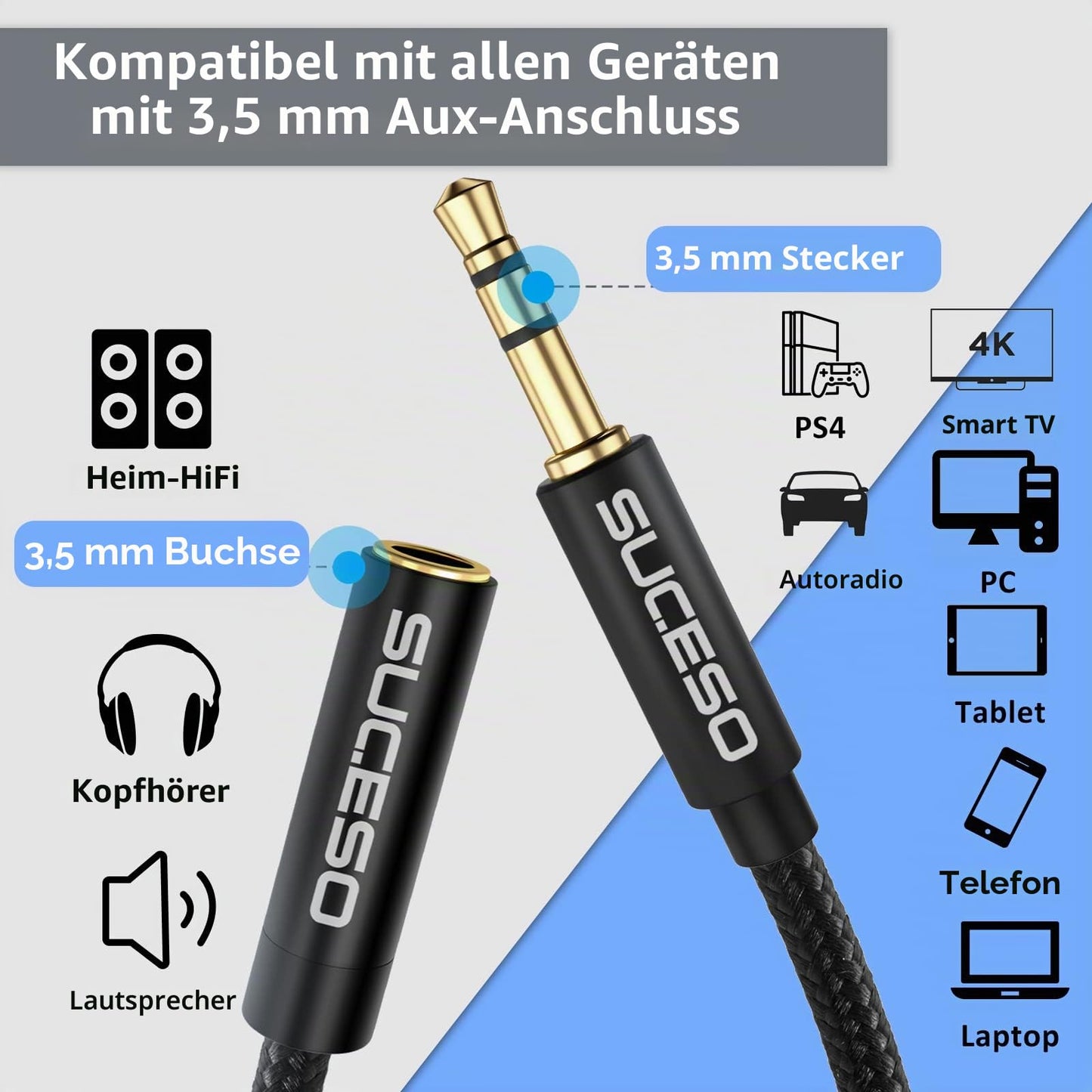 Klinke Audio Verlängerungskabel Aux Kabel Nylon 3.5mm Stereo