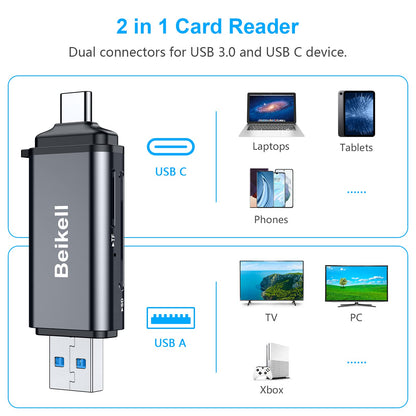 Beikell SD Kartenleser, Dual Stecker USB 3.0/USB C Kartenlesegerät Highspeed OTG Adapter, für SD/MMC/Micro SD/TF/SDXC/SDHC/Micro SDHC/Micro SDXC, Kompatibel mit Android/Windows/Mac OS usw.