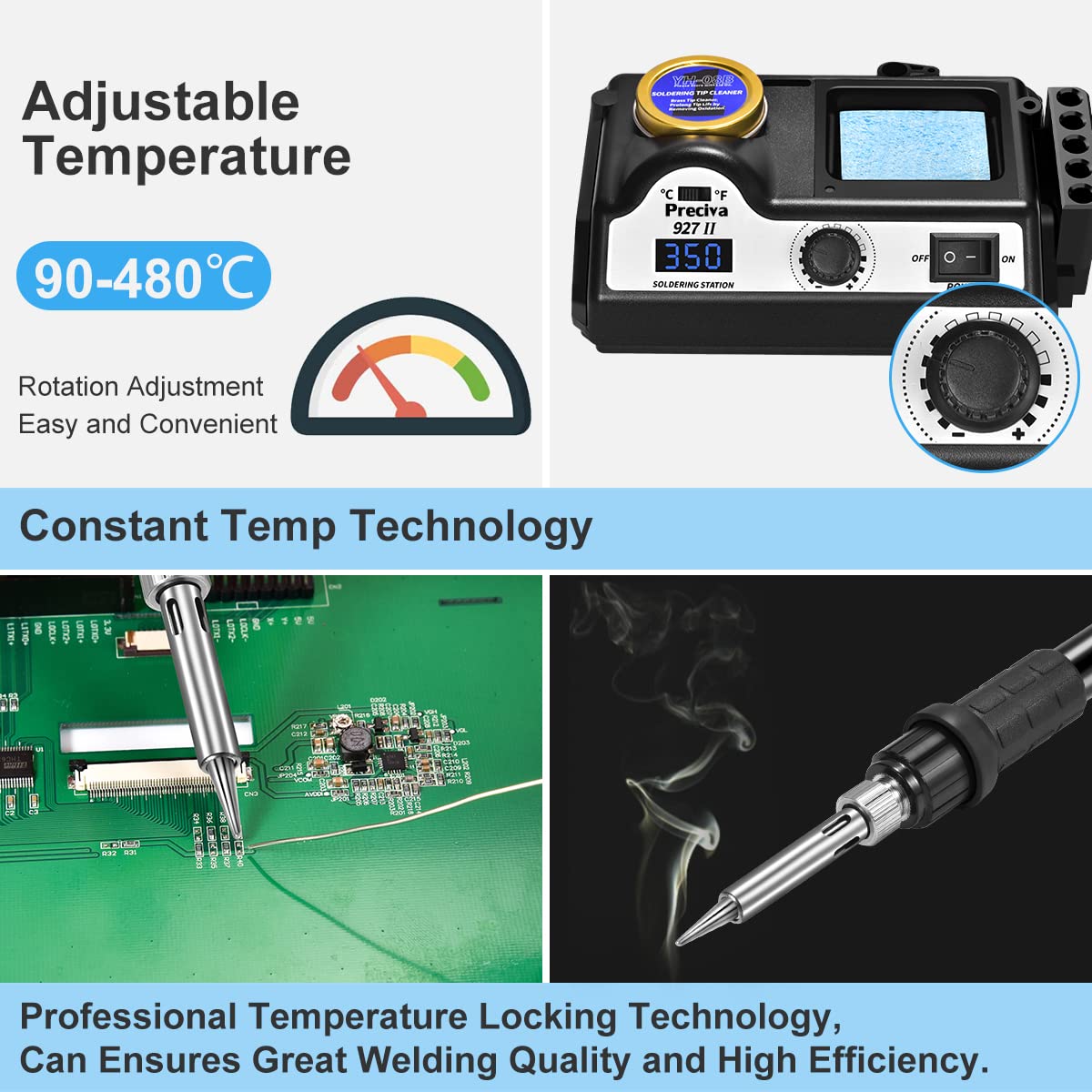 Lötstation, Preciva 60W Lötkolben mit 2 helfenden Hände Displayanzeige, Temperatur einstellbar 90~480°C, Standby-Modus Lötset für Hobbylöten