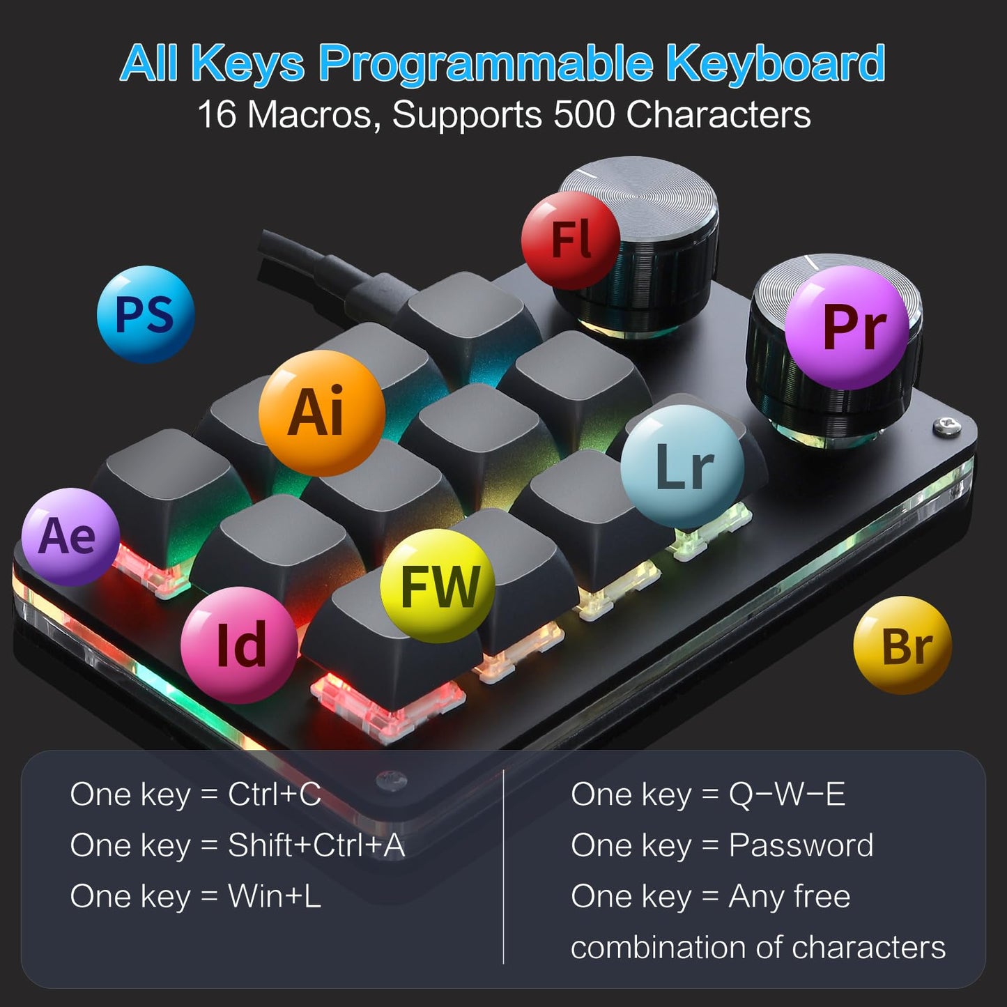 Koolertron 4 Tasten Programmierbare Tastatur Tragbar Mini mit Drehknopf