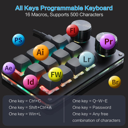 Koolertron 4 Tasten Programmierbare Tastatur Tragbar Mini mit Drehknopf