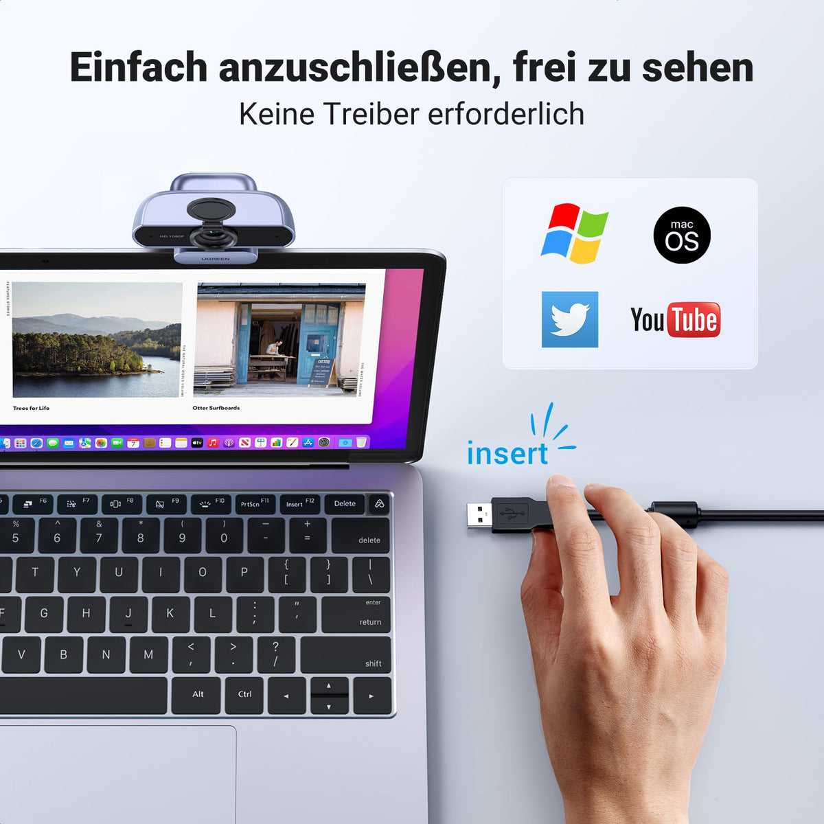 UGREEN FineCam Lite 1080P, Dual-Mikrofon, Fixfokus, mit Privacy Cover