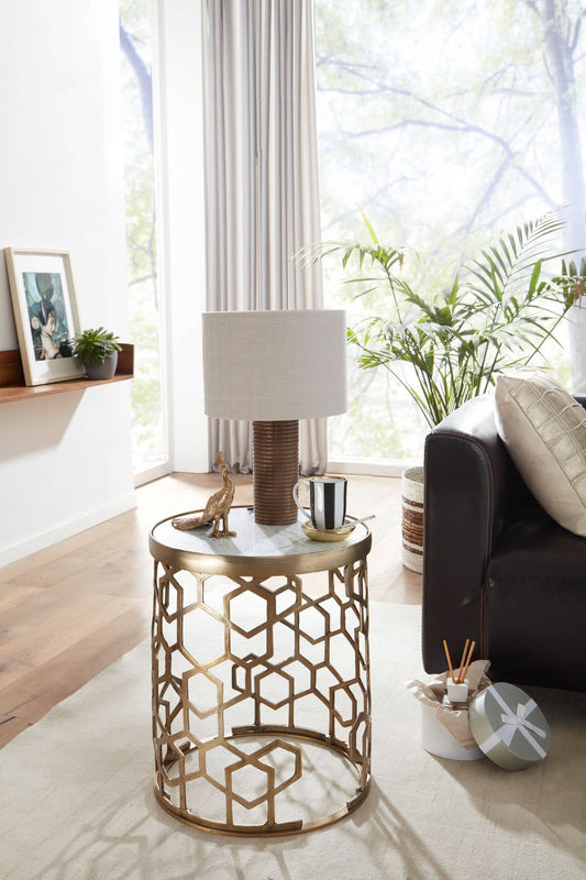 Beistelltisch Echter Marmor Weiß 46x46x55 cm Anstelltisch Metall Gold