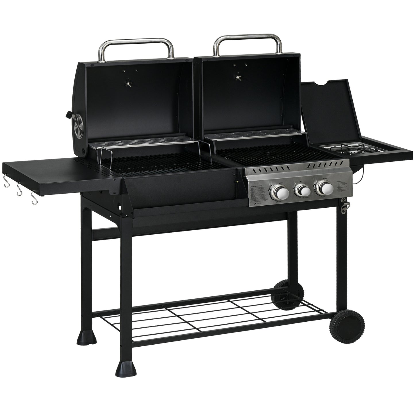 Outsunny Grillwagen Gasgrill mit 2+1 Brenner, Thermometer, 3kW BBQ Holzkohlgrill mit Regal, Seitenablage, Haken, Campinggrill mit Schlauch für Garten, Balkon, Schwarz   Aosom