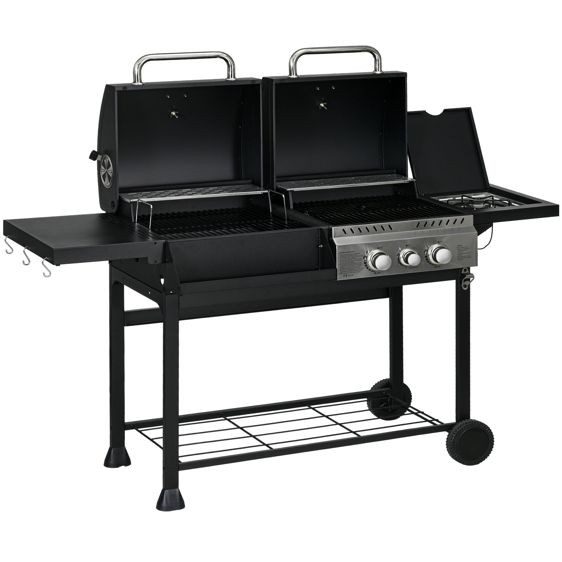 Outsunny Grillwagen Gasgrill mit 2+1 Brenner, Thermometer, 3kW BBQ Holzkohlgrill mit Regal, Seitenablage, Haken, Campinggrill mit Schlauch für Garten, Balkon, Schwarz   Aosom