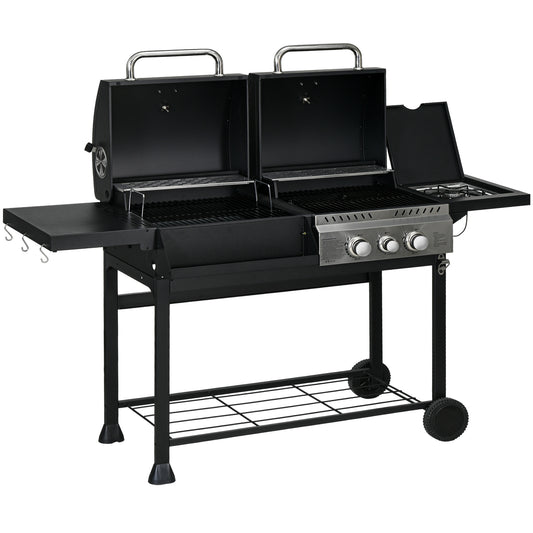 Outsunny Grillwagen Gasgrill mit 2+1 Brenner, Thermometer, 3kW BBQ Holzkohlgrill mit Regal, Seitenablage, Haken, Campinggrill mit Schlauch für Garten, Balkon, Schwarz   Aosom