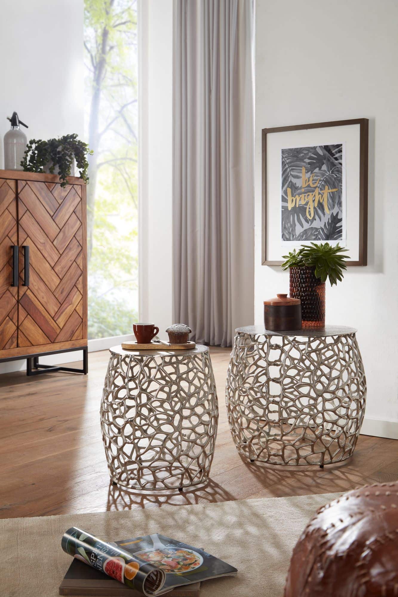 Beistelltisch 2er Set Aluminium Silber Design Satztisch Metall Rund