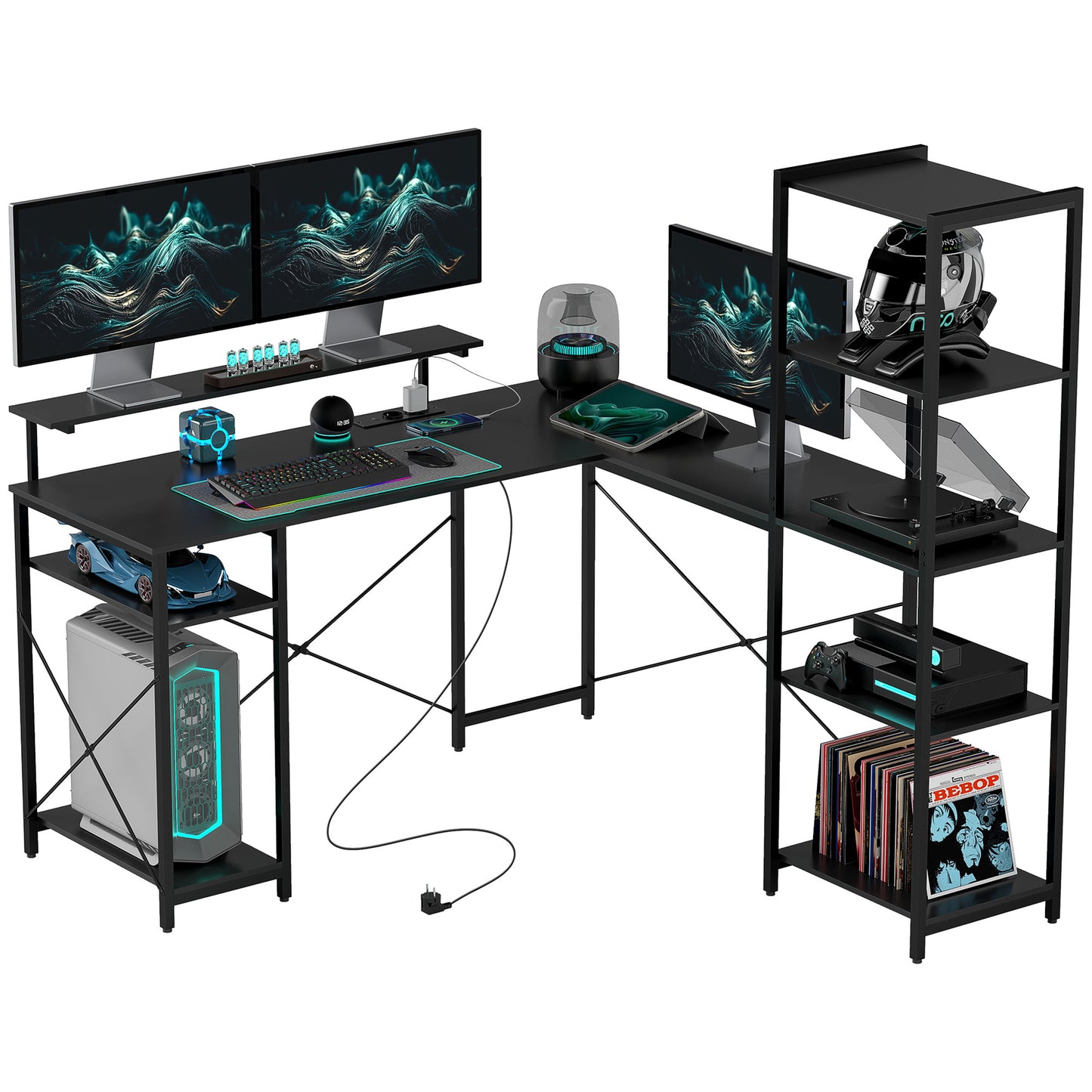 HOMCOM Schreibtisch, L-förmiger Computertisch 137 x 140 x 139,5 cm Eckschreibtisch mit 6 Ablagen, Bürotisch mit Monitorständer, USB, Steckdose, für Homeoffice, Büro, Schwarz   Aosom