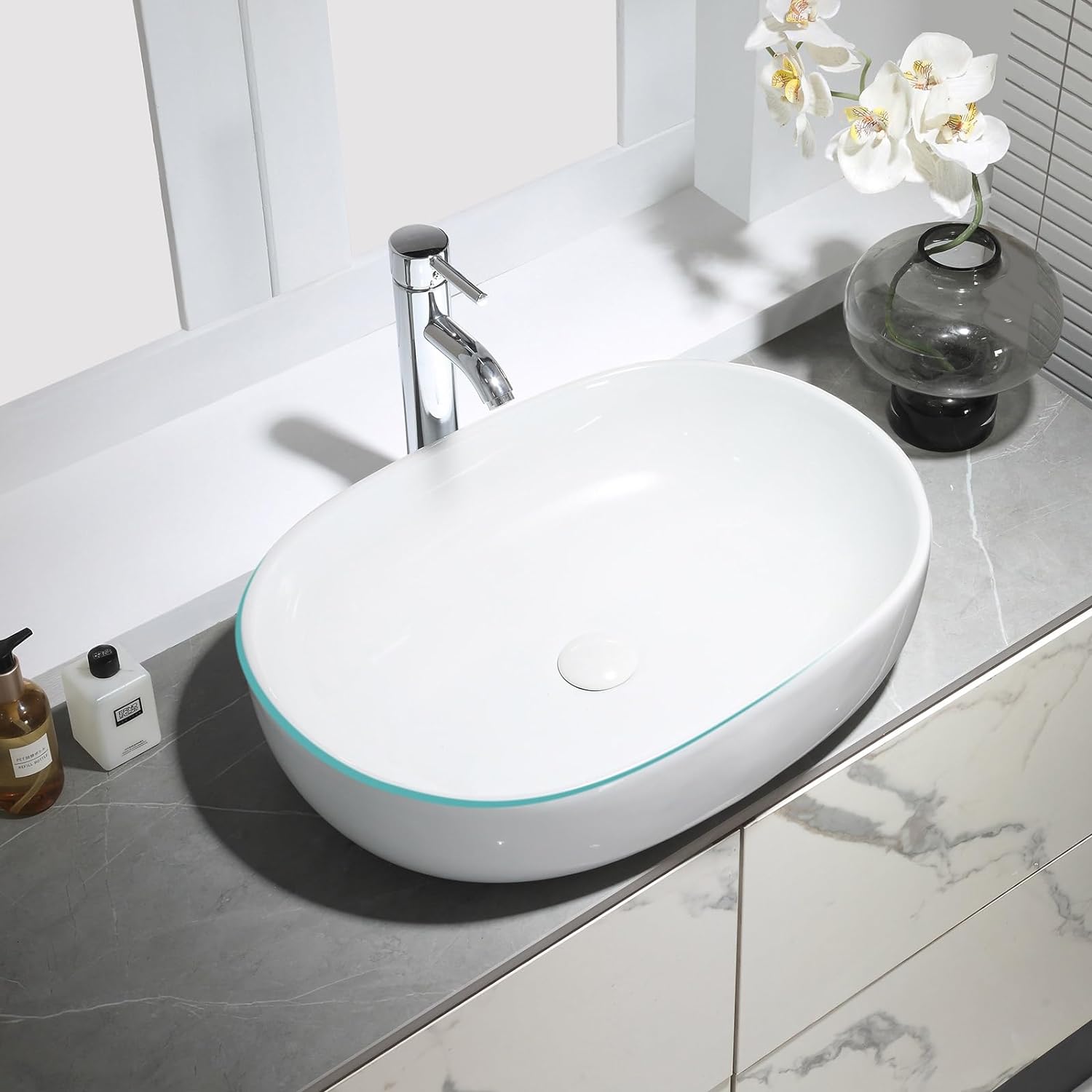 HOROW UR5941W Aufsatzwaschbecken Oval Weiß Keramik mit Lotus