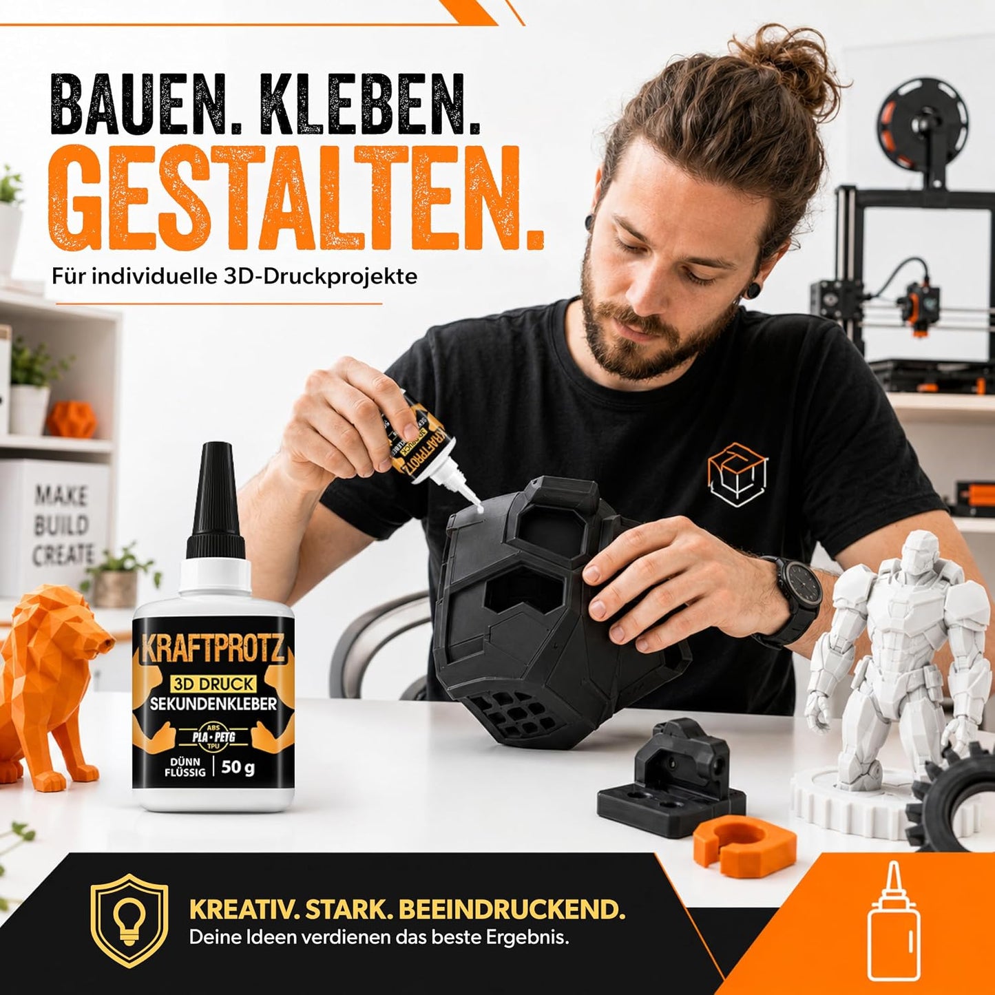 Sekundenkleber 3D Druck flüssig 50 g - Filament Kleber PLA ABS PETG TPU ASA | Allround, präzise dosierbar, transparent, wasserfest, hitzebeständig, Anti-Austrocknungsspitze, Modellbau, Drucker Zubehör